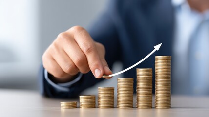 Poster - Hand arranging coins with a rising graph, symbolizing financial growth and investment success.