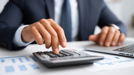 Poster - A businessman using a calculator while analyzing financial data on a desk.