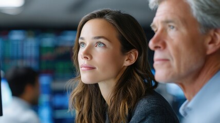 Poster - Two professionals engaged in a serious discussion, focused on financial data and market analysis.