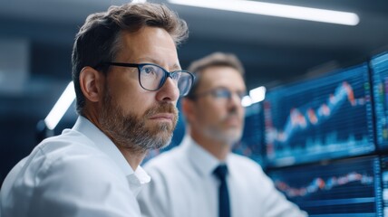 Poster - Focused professionals analyze financial data on multiple screens in a modern office environment.