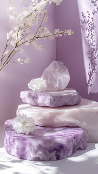 Pastel purple and white stone marble display set for product background decorate with white flower


