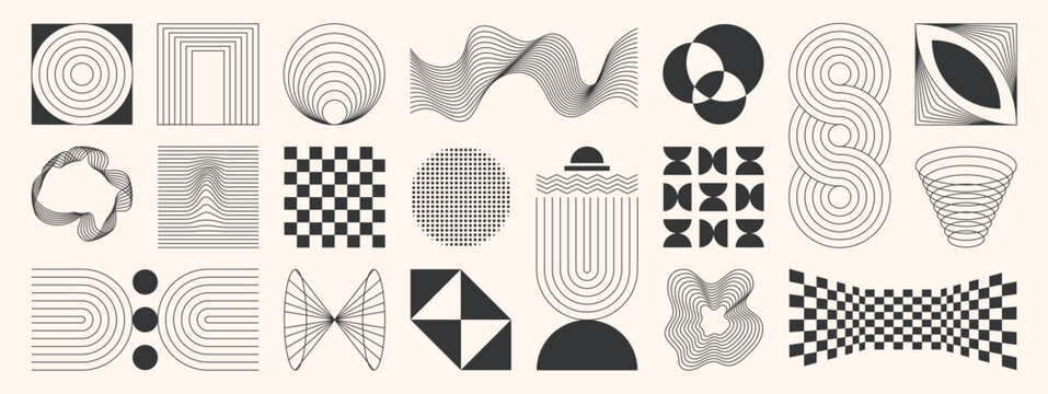Abstract minimal element mid century vector set. Aesthetic contemporary stripe line art, geometric shape in monochrome. Art form design for wall art, decoration, wallpaper.