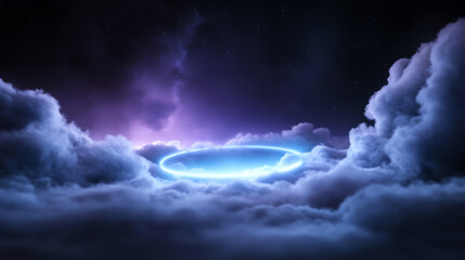 Poster - A captivating image of a glowing portal emerging from dark clouds, blending mystery and science in a celestial atmosphere.