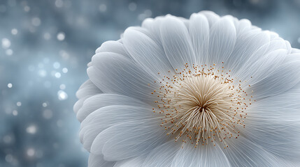 Poster - A close-up of a delicate white flower displaying intricate details, set against a soft, dreamy background of blue and sparkles.