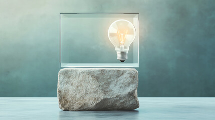 Poster - A light bulb encased in glass atop a rock, symbolizing innovation and creativity in design and technology.