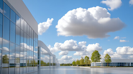 Poster - A modern architectural building reflecting clouds and trees under a bright blue sky, creating a tranquil and inspiring environment.