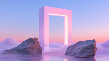 Aufkleber - A mystical portal stands amidst ethereal clouds, emitting soft pink light during twilight, inviting wonder and exploration.