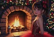 © Aliaksandr Barouski - A girl in a red skating costume poses gracefully by the fireplace