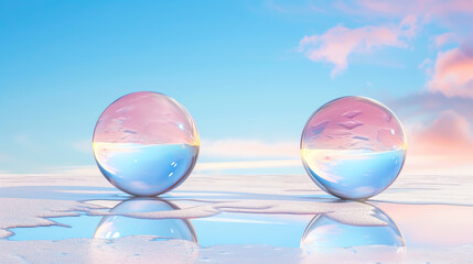 Aufkleber - Beautiful glass spheres reflecting a colorful sky, creating a serene and artistic atmosphere perfect for creative projects.