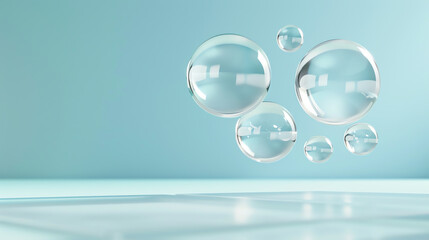 Fototapete - Captivating image of transparent soap bubbles against a soft blue background, illustrating lightness and fluidity.