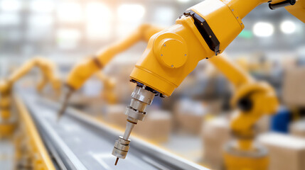 Aufkleber - Close-up of a yellow robotic arm working on an assembly line in a modern factory, showcasing advanced technology in manufacturing.