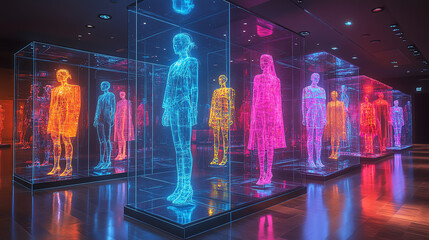 Poster - Vibrant holographic figures displayed in sleek glass cases, showcasing art and technology intertwined in a futuristic exhibition.
