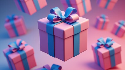 Poster - A Collection of Colorful Gift Boxes with Ribbons Floating in a Dreamy Gradient Background, Perfect for Celebrations and Special Occasions.