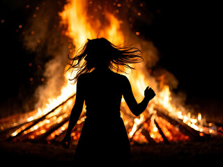 Poster - silhouette of a woman dancing in a fire flame . Generative AI