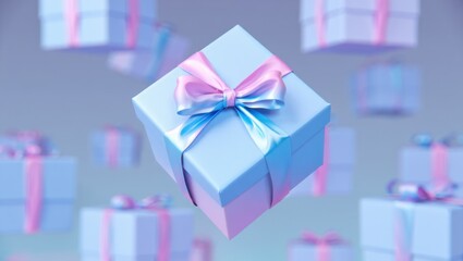 Poster - A Collection of Floating Gift Boxes with Elegant Ribbons in Soft Blue and Pink Hues, Perfect for Celebrations and Special Occasions