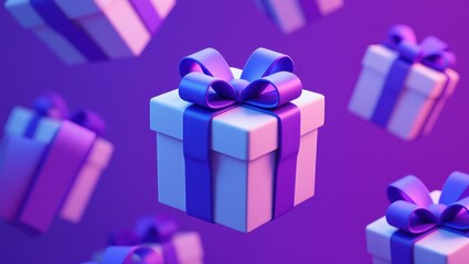 Poster - Colorful 3D Gift Boxes with Ribbons Floating in a Purple Background, Perfect for Celebrations, Birthdays, Holidays, and Special Occasions