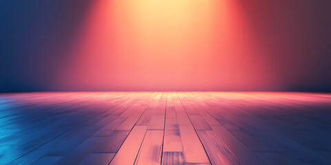 Poster - Elegant studio background with wooden floor warm lighting and soft gradient wall for product display or creative design projects