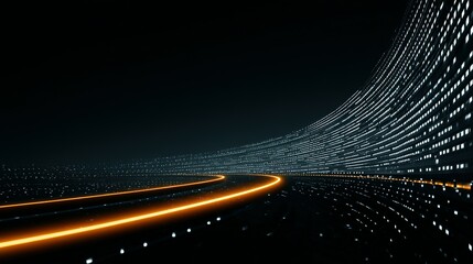 Fototapete - Dynamic glowing pathway through a digital landscape.