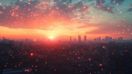 Poster - Interconnected Cityscape: Sunrise over Urban Network with Digital Overlay