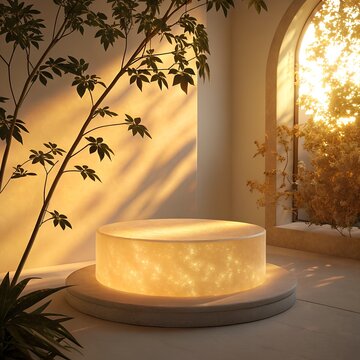 A round illuminated white podium sits on a smaller base in a minimalist interior setting bathed in soft light