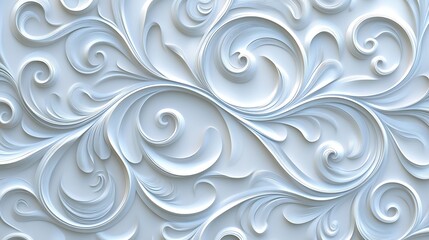 Poster - Elegant white floral swirls pattern ornament decorative backdrop texture design with detailed curlicues and intricate flourishes for artistic projects