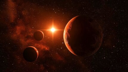 a breathtaking distant star system featuring a bright star surrounded by three orbiting planets.