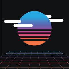 Poster - 80s Retro Sunset Gradient Light Sunset and Grid, Flat Illustration on Black Background