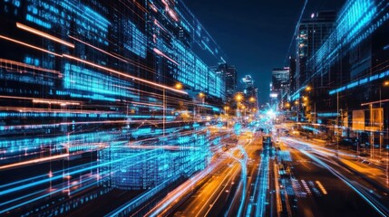 Poster - Futuristic urban data flow, blending cityscapes with digital information streams