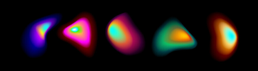 Poster - Vibrant gradient circle set with soft aura effects on dark bg - colorful glowing orbs in pink, blue, purple, orange and green hues for modern digital design, web interface or abstract art projects.