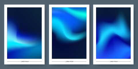 Poster - Aurora gradient background set with flowing blue cyan lights - northern lights effect blending turquoise into deep navy, smooth transitions, white frames with color waves for modern poster designs.