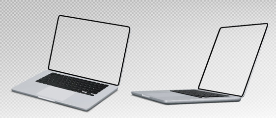 Poster - Laptop pc mockup with transparent screens - notebook computers in different angles for app presentation, website display or digital product showcase with blank monitors ready for custom content.