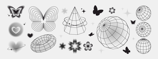 Poster - Gradient butterfly shapes with wireframe geometry - black silhouettes of blurred forms, linear grid structures of cones, torus rings and spheres, soft hearts and flowers, stars for abstract design.