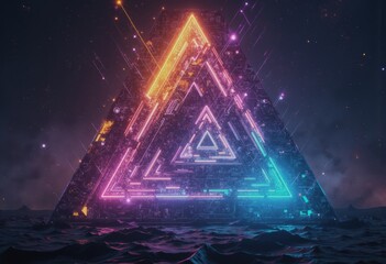 Fototapete - Interlocking triangles glowing in neon colors against a dark background