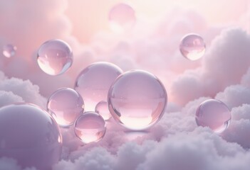 Aufkleber - Smooth glass spheres floating gracefully in soft misty clouds