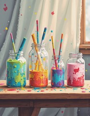Aufkleber - Colorful splatter paint on translucent glass jars with vibrant straws