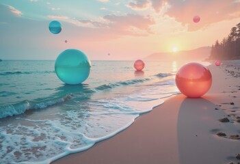 Poster - Translucent orbs floating over a misty beach landscape at sunset