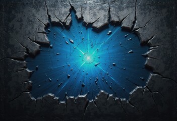 Poster - Grungy scratched metal surface with a vibrant blue light shining through
