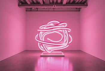 Poster - Glowing neon pink tape stripes forming an abstract sculpture in a gallery