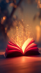 Poster - Magical open red book with glowing golden light and sparks rising from pages against dark background, creating mystical atmosphere for fantasy and education concepts.