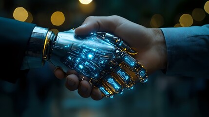 Poster - Futuristic handshake between human and transparent robotic hand with glowing blue light effects against dark background with bokeh lights, symbolizing technological cooperation.