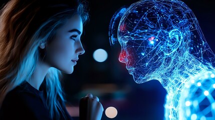 Poster - Young woman facing digital hologram head with glowing neural network pattern in dark blue neon lighting, representing artificial intelligence and human interaction.