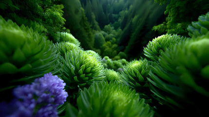 Poster - Vibrant green pine needles and purple wildflowers create dramatic forest perspective with soft focus blur effect, capturing natural depth and ethereal woodland atmosphere.