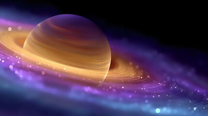 Poster - Majestic gas giant planet with luminous rings floating in cosmic space amid purple nebula clouds and glowing stars. Suitable for astronomy and space themes.