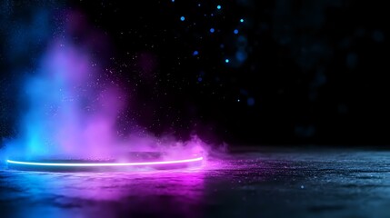 Poster - Mystical glowing horizon with blue and pink aurora lights reflecting on dark water surface against starry night sky, creating ethereal atmospheric scene.
