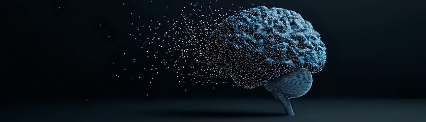 Aufkleber - Digital brain dissolving into particles against dark background, representing artificial intelligence, memory loss, or neurological transformation. Panoramic format.