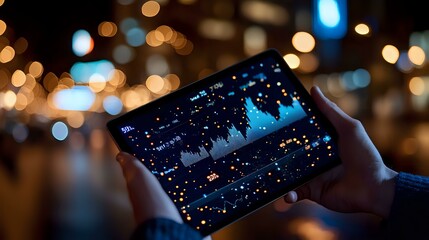 Poster - Hands holding smartphone displaying starry night sky scene against blurred city lights background, creating magical contrast between digital screen and bokeh effects.