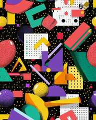 Poster - A colorful and abstract pattern of shapes and circles on a black background. The design is full of energy and movement, with bright colors and a sense of playfulness. Scene is one of fun