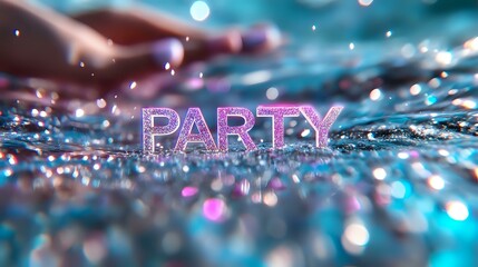 Poster - Glowing pink party text on sparkly blue background with bokeh lights and water droplets creating festive atmosphere for celebration designs and party invitations.