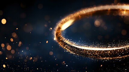 Poster - Magical glowing golden light trail with sparkling particles swirling in spiral motion against dark blue background, creating mystical atmosphere.