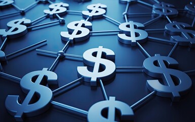 Poster - Networked dollar signs representing financial growth and interconnected economic structures on dark blue background